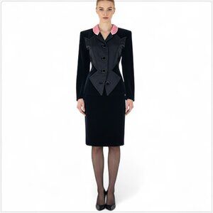YSL Yves Saint Laurent Paris Vintage Black Velvet Pink Satin Trim Skirt Suit 42